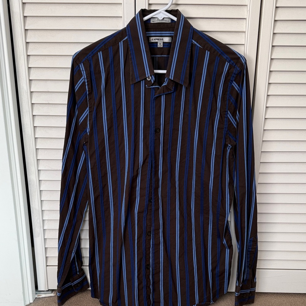 Express Men's Brown and Blue Striped Shirt